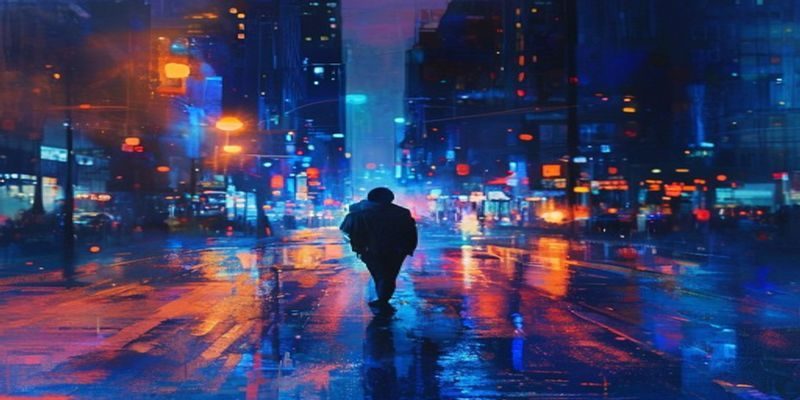 城市深夜街道上独行的创作者背影，霓虹灯光在湿润路面上折射出蓝色与橙色光晕，夜无疆城市夜行场景的视觉呈现