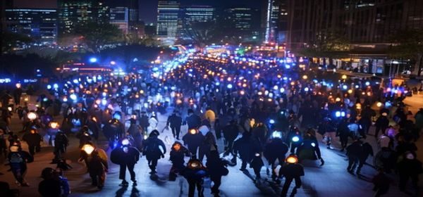 夜无疆社群线下夜行活动现场，数十名夜行者手持手电筒在城市夜间集结出发，画面充满活力与归属感