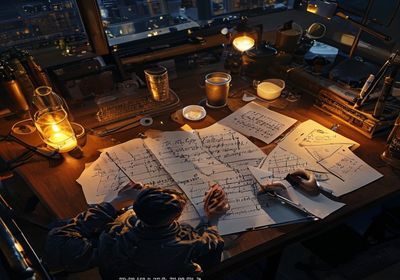 深夜书桌前的创作者在暖光台灯下手写笔记，周围散落着素描稿与咖啡杯，夜无疆深夜创作模式的真实场景